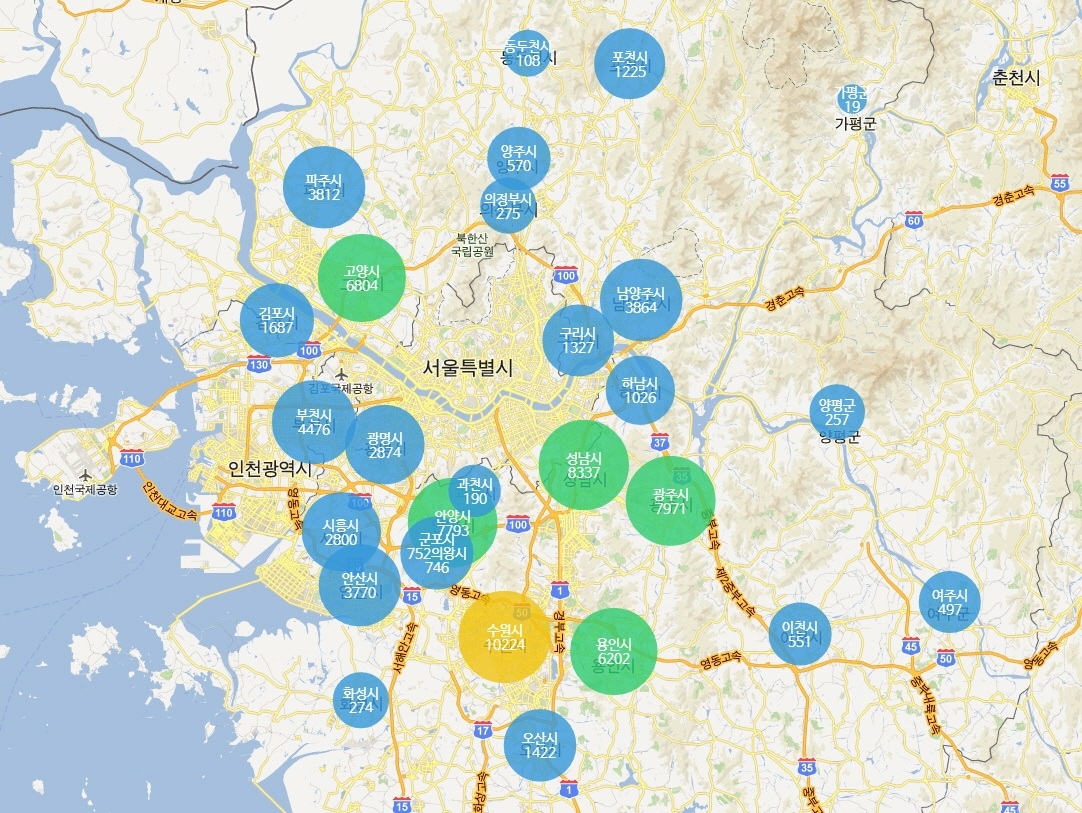 ▲  한국 IBM이 개발한 '경기도 민원 콘텐츠 분석 프로젝트'. 각 지역별로 몇개의 민원이 있는지 그림으로 보여주고 있다. (출처 : 한국IBM)