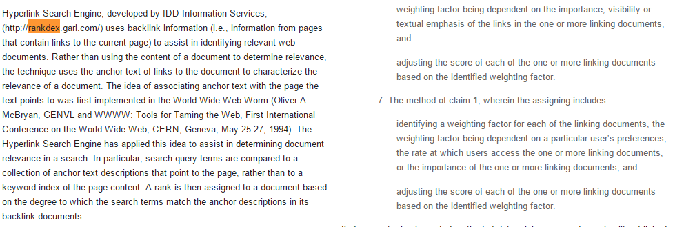 ▲  구글 페이지랭크 특허 문서에 인용된 리옌홍의 랭크덱스.(출처 : 2000년 구글 특허 문서)