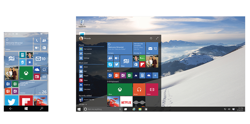 ▲  윈도우10 스마트폰과 윈도우10 PC 화면(왼쪽부터)