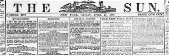 ▲  1833년 창간한 <뉴욕 선></div>은 신문 한 부의 가격을 1센트(페니)로 낮춘다. (사진 출처 : 위키피디아, 퍼블릭 도메인)
