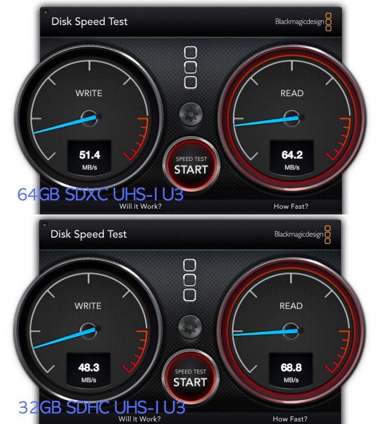 ▲  SDXC와 SDHC 사이의 속도 차이는 크지 않다. 샌디스크의 UHS-I U3 카드끼리의 속도 비교다. 실질적인 속도 차이는 거의 없다.