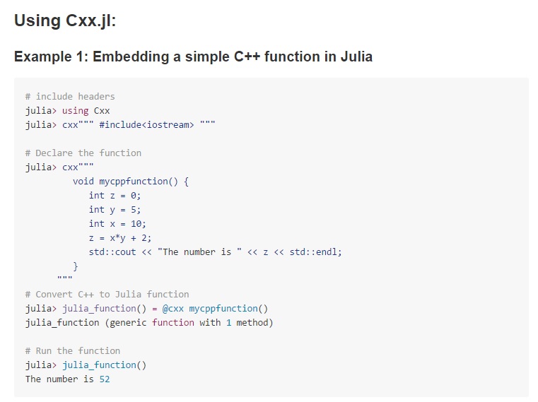 ▲  Cxx.jl를 적용한 C++코드와 줄리아를 함께 사용하는 예(사진 : 깃허브)