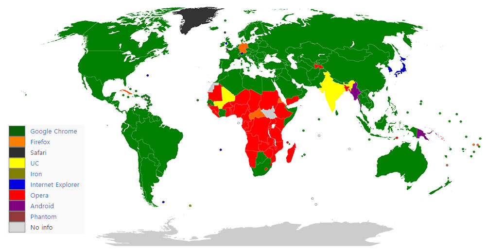 ▲  전세계 웹브라우저 점유율. (데이터 : 스탯카운터/ 이미지 출처 :https://commons.wikimedia.org/wiki/File:Browser_Market_Map_June_2015.svg / CC BY-SA 4.0)