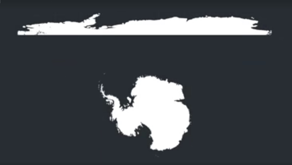 ▲  원래 남극은 둥근 지형(아래 그림)을 가지고 있지만 2D 지도에서는 길게 퍼진 모양으로 그려진다(위 그림) (사진 : 페이스북 동영상)
