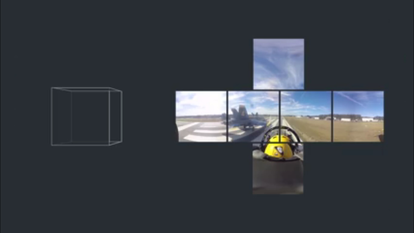 ▲  360 동영상 화면 일부를 정사각형 큐브에 붙여 만드는 과정(사진 : 페이스북 동영상)