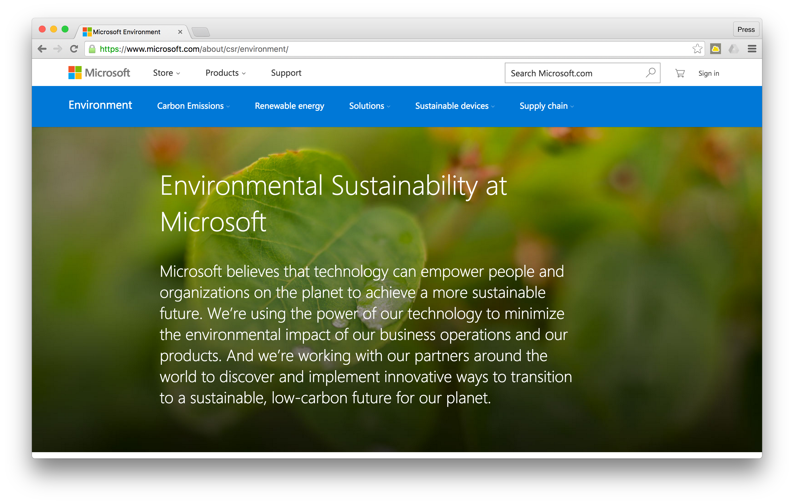 ▲  마이크로소프트 홈페이지의 환경적인 지속가능성 소개 영역