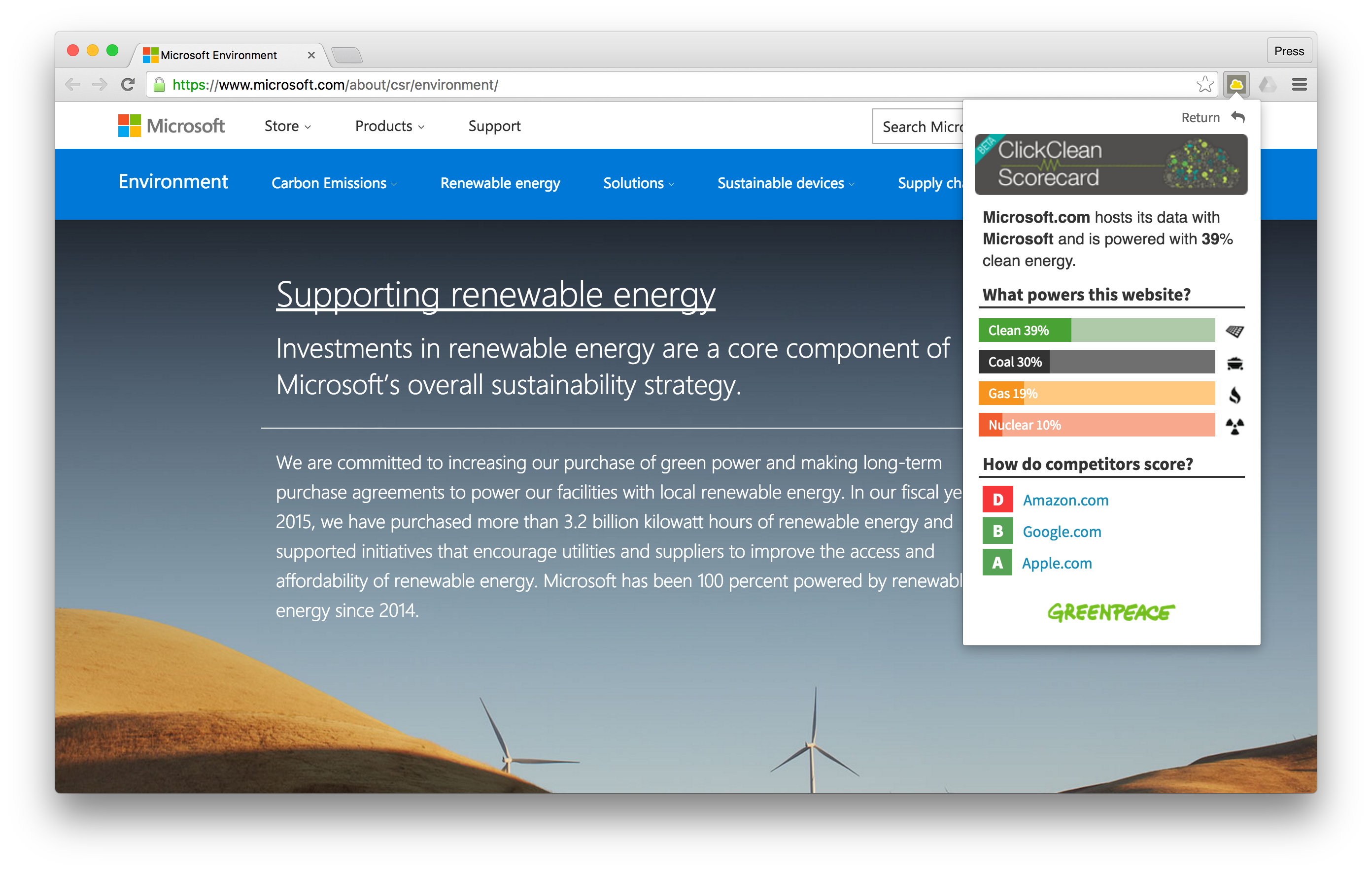 ▲  그린 스코어카드 크롬 확장프로그램을 통해 확인할 수 있는 마이크로소프트의 재생가능에너지 사용 비율. 2015년도 집계에서 재생가능에너지 사용 비율은 39%로 집계 됨.