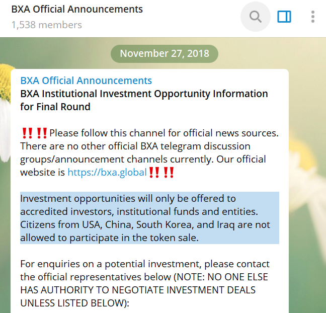 ▲  | 2018년 11월27일에 올라온 BXA 토큰 구매 가능 요건 (출처 = BXA 텔레그램 공지방)