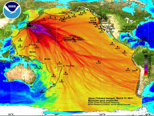 ▲  태평양으로 유출되는 후쿠시마 원전 방사능 오염수 /미국 국립해양대기국(NOAA)의 위성 이미지