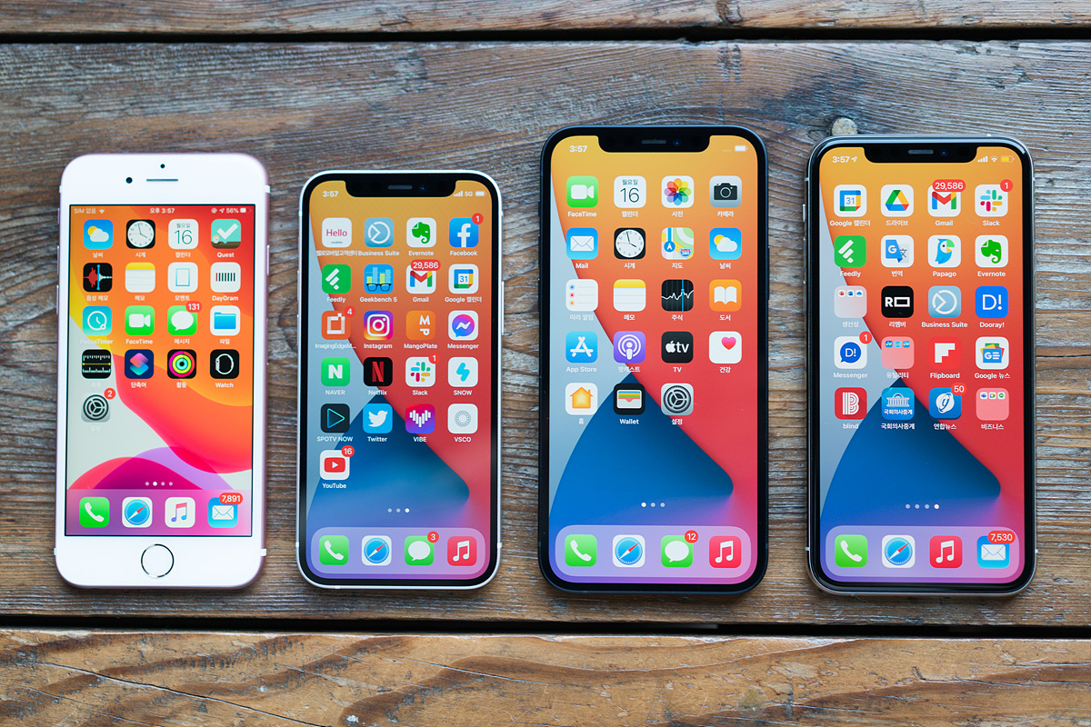 ▲  (왼쪽부터) 아이폰6S, 아이폰12 미니, 아이폰12, 아이폰11 프로 크기 비교