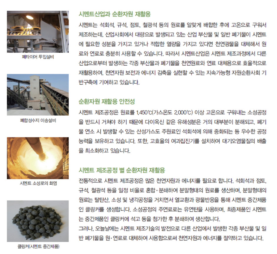 ▲  시멘트산업 내 순환자원 활용법.(자료=쌍용양회 홈페이지.)