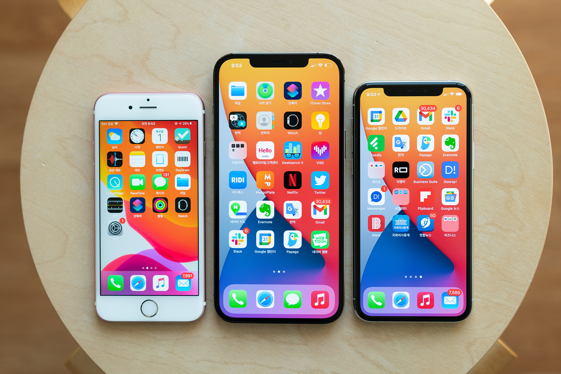 ▲  (왼쪽부터) 아이폰6S(4.7인치), 아이폰12 프로 맥스(6.7인치), 아이폰11 프로(5.8인치)