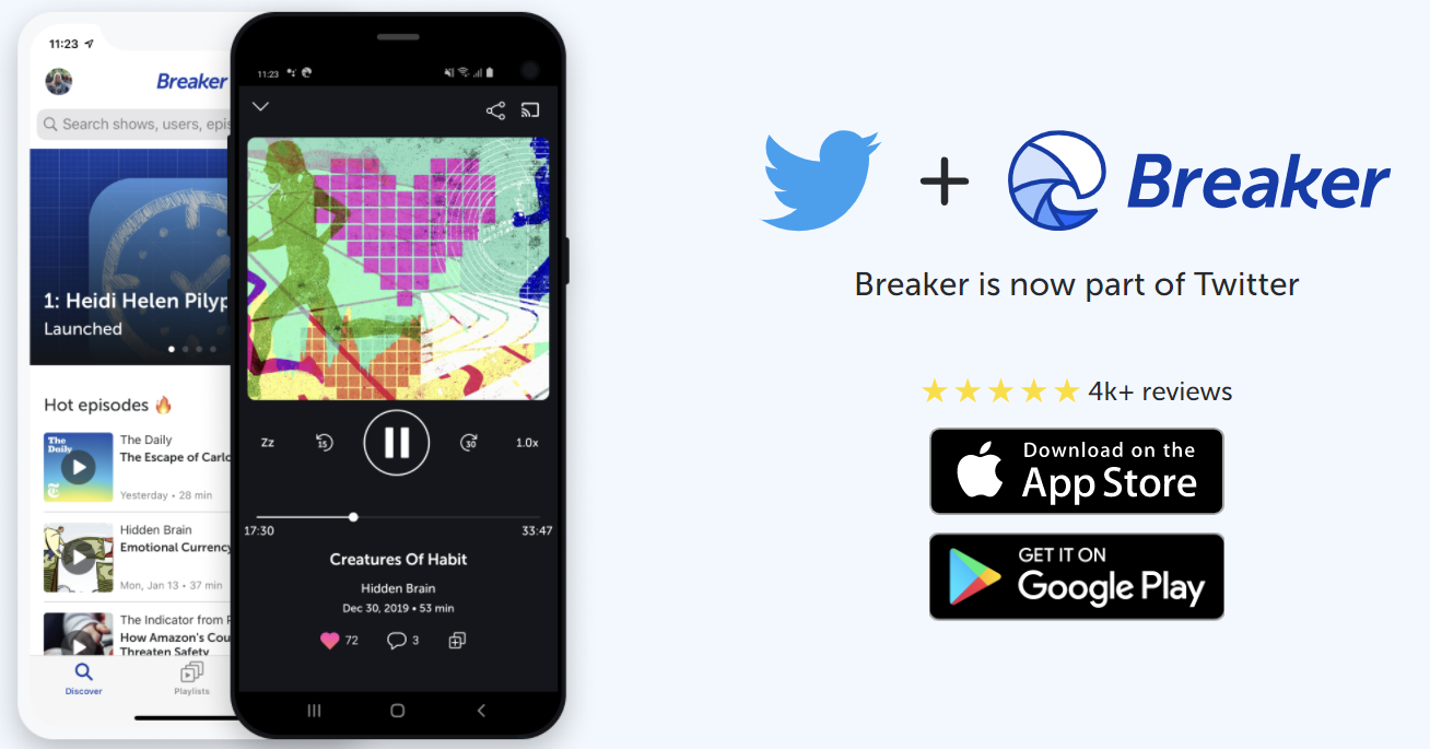 ▲  트위터로 인수되는 소셜 팟캐스팅 앱 '브레이커'가 홈페이지에 '우리는 트위터의 일원이다'라는 메시지를 게재했다. (사진=브레이커 홈페이지)