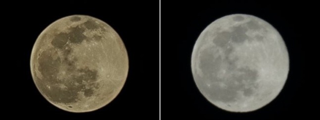▲  S21U 100배 줌으로 찍은 달(왼쪽)과 소니 DSLR로 찍은 달 사진 비교. (사진=인풋매거진 갈무리)