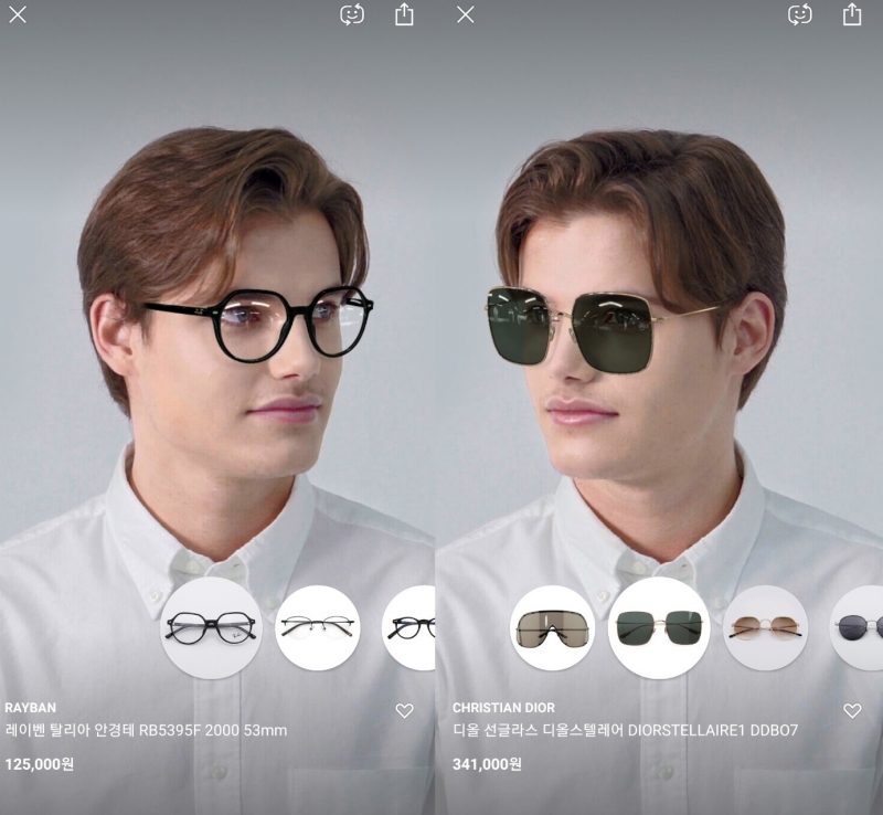 ▲ 라운즈앱을 통해 얼굴에 안경과 선글라스를 착용한 모습. (사진=라운즈앱 캡처)