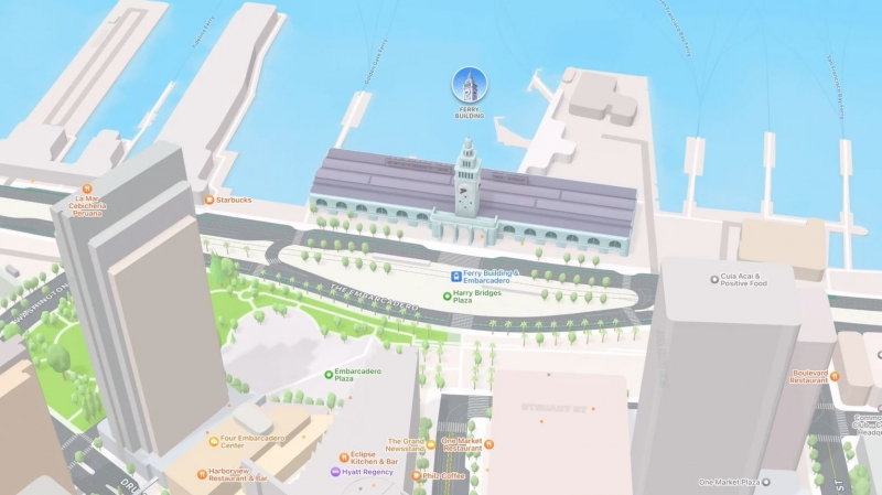 ▲ 도시 내 시각적 표시 효과가 강화된 iOS 15의 지도 앱 (사진=WWDC21 갈무리)
