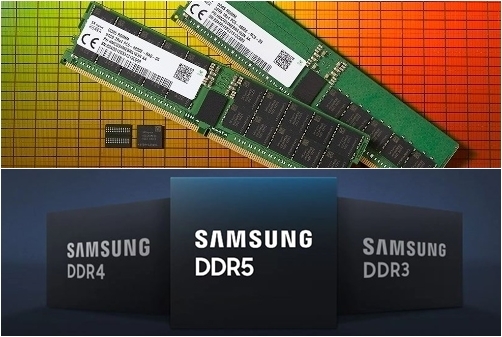 ▲ D램 반도체 가격이 오는 4분기부터 꺾일 것이란 전망이 나왔다. 사진은 SK하이닉스 DDR5 D램(위쪽)과 삼성전자 D램 이미지.(사진=삼성전자, SK하이닉스)