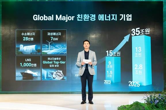 ▲ 추형욱 SK E&S 대표이사가 1일 서울 종로구 포시즌스호텔에서 열린 ‘2021 SK E&S 미디어데이’에서 ‘글로벌 메이저 친환경 에너지 기업’으로 도약하겠다는 내용의 ‘파이낸셜 스토리’를 발표하고 있다.