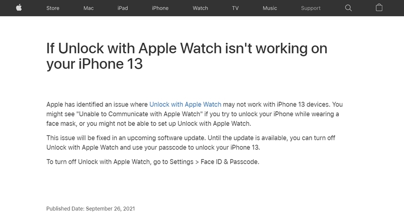 ▲ 애플이 아이폰13에서 애플워치로 잠금해제 기능에 오류가 있다는 사실을 파악했다고 밝혔다. (사진=애플 홈페이지 갈무리)