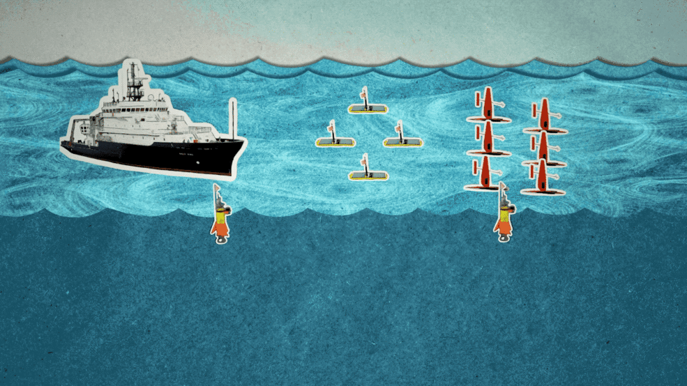 ▲ S-MODE팀이 소규모 해류 및 소용돌이를 연구하는 데 사용할 연구선과 일부 글라이더 및 부유물을 보여주는 애니메이션. (사진=NASA)