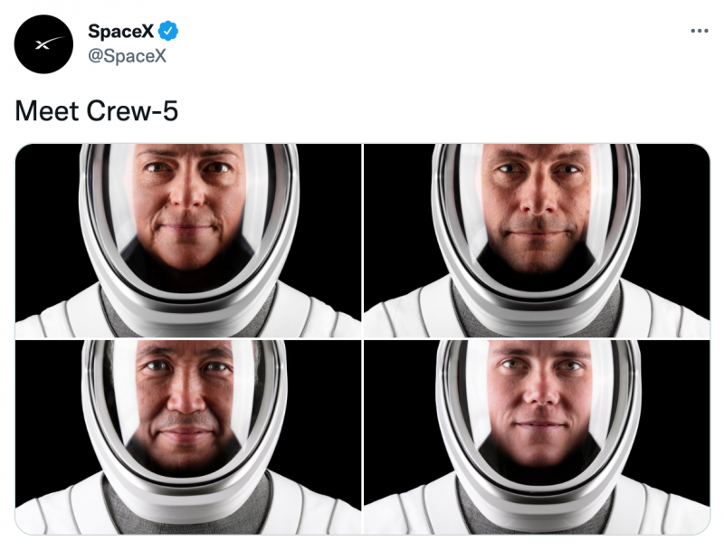 ▲ 크루-5 미션에 참여하는 4명의 우주비행사: 니콜 맨, 조시 캐새다, 고이치 와카타, 안나 카키나. (사진=스페이스X 트위터 갈무리) 
