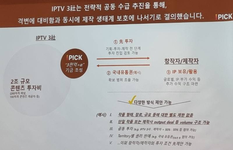 ▲ 김 CO장이 공개한 IPTV 3사 공동 브랜드 '아이픽'의 개요 및 전략 방향성. (자료=현장 발표자료 갈무리)