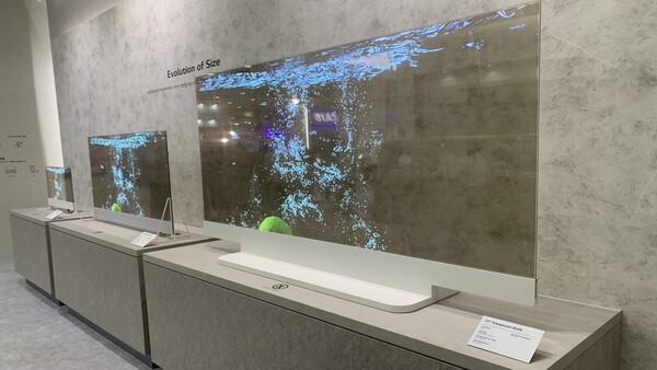 지난 16일 서울 강남구 코엑스에서 열린 '2023 한국디스플레이산업전시회(K-Display 2023)'에서 LG디스플레이가 공개한 투명 유기발광다이오드(OLED) 패널 (사진=이진솔 기자)