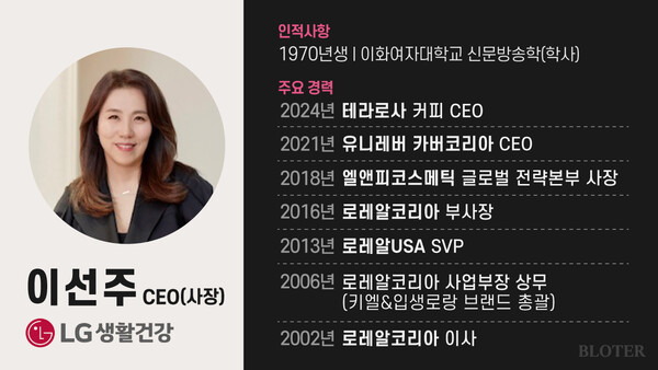 LG생활건강이 10월1일자로 글로벌 화장품 기업인 로레알 출신의 이선주 사장을 신임 CEO에 선임했다고 밝혔다. /그래픽=박진화 기자