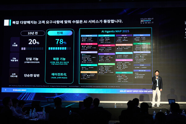 강이구 코오롱베니트 대표가 30일 서울 용산 드래곤시티호텔에서 '인공지능전환(AX) 부스트 서밋 2025'에서 발표하고 있다. /사진=코오롱베니트 제공