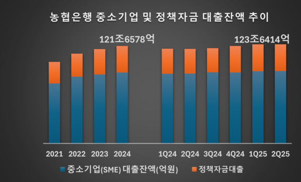 농협은행 중소기업 및 정책자금 대출잔액 추이 /그래픽=류수재 기자