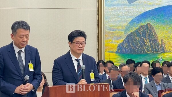 MBK파트너스의 김병주 회장(오른쪽)과 김광일 부회장이 14일 오후 서울 여의도 국회에서 열린 정무위원회 국정감사에 증인으로 출석해 질문을 듣고 있다. /사진=이채연 기자