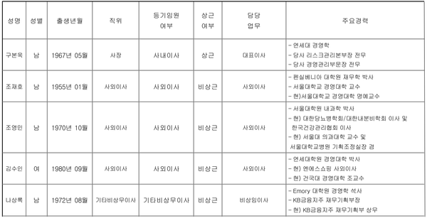 KB손해보험 이사회 임원진 /자료=KB손해보험 반기보고서에서 발췌