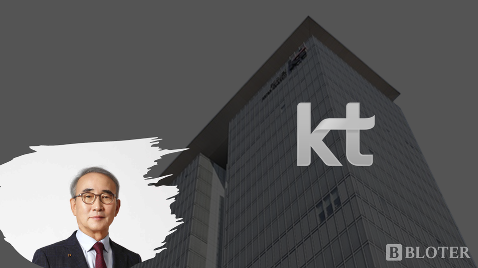 서울 종로구에 위치한 KT 웨스트 사옥과 회사 로고와 김영섭 대표 /이미지 제작=강준혁 기자