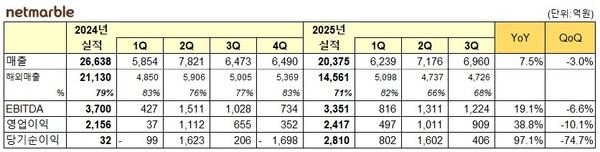 넷마블 2025년 3분기 실적 요약 표/사진제공=넷마블