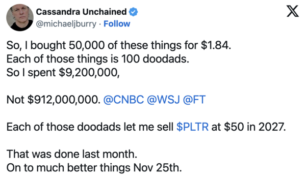 마이클 버리의 X 게시물 /사진 제공=마이클 버리 X 계정